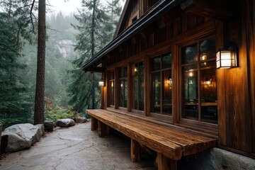 Cozy mountain lodge caf??A(C) with deep timber siding expansive multi-pane windows, amber interior light spilling across rough-hewn bench,