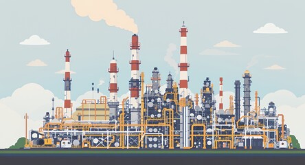 Obraz premium Detailed Pixel Art Illustration of an Industrial Complex Under Pastel Sky Featuring Interconnected Pipelines Towers and Striped Chimneys with Beige White and Gray Tones