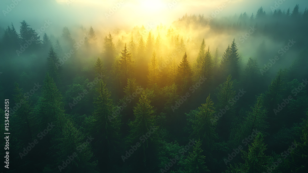 Poster a breathtaking view of sunlight breaking through a misty forest, creating an enchanting atmosphere i