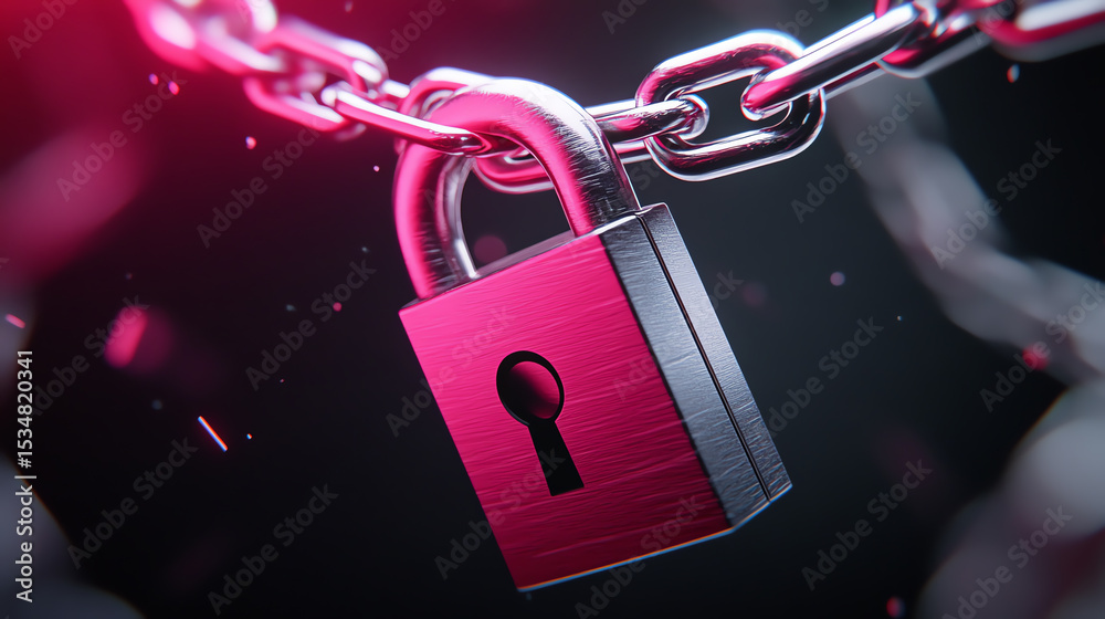 Poster a close-up of a steel padlock attached to a chain, symbolizing security and protection in the digita