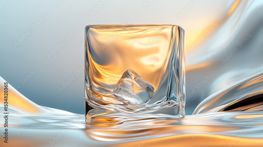 Poster A close-up of a pristine ice cube floating in elegant liquid, showcasing intricate details and a soothing color palette.