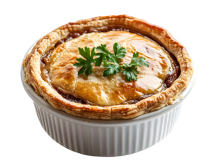 Golden baked meat pie with flaky puff pastry crust served in white ramekin and garnished with parsley isolated on transparent background