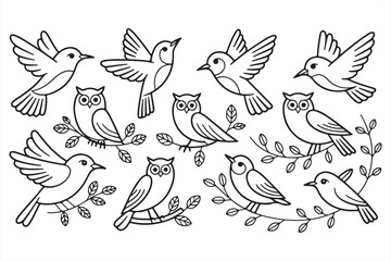 Collection of Owls and Birds in Flight and Rest – Clean Vector Line Art