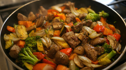 Colorful Sautéed Vegetables and Meat in a Pan Creating a Festive Culinary Scene in a Kitchen