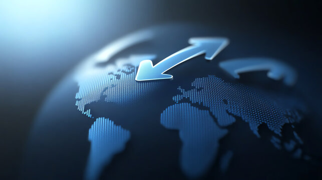 A close-up view of a world map with arrows indicating global connectivity and international trade.