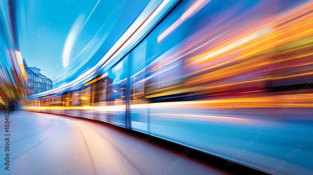 Poster a dynamic view of a tram in motion, showcasing colorful lights and vibrant urban energy at dusk.