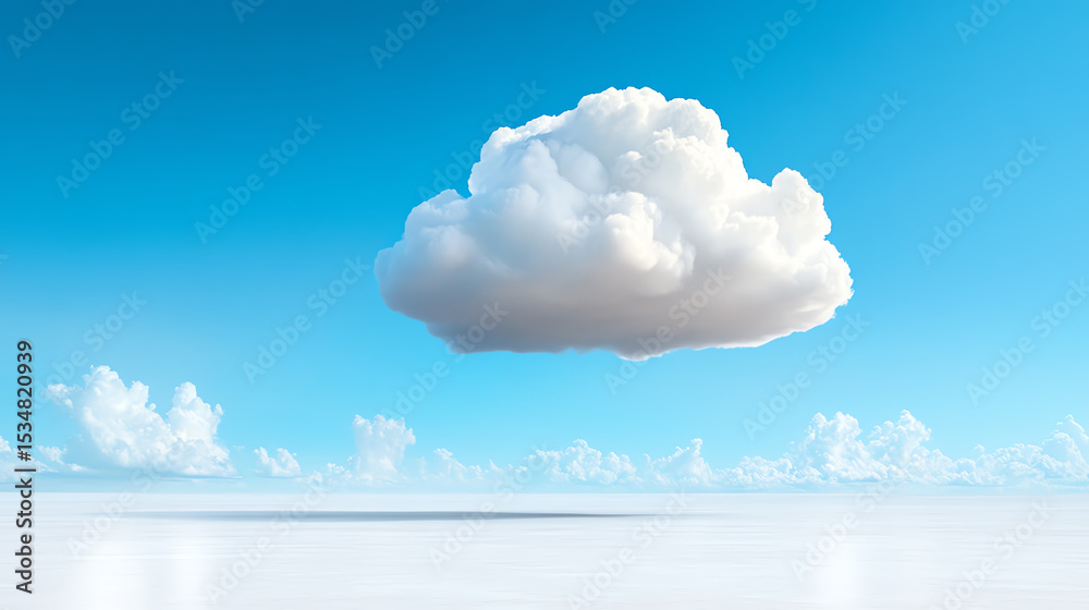 Poster a fluffy white cloud floats in a bright blue sky, creating a serene and tranquil atmosphere ideal fo