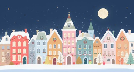 Festive Pixel Art Houses Covered with Snow at Winter Night Under Full Moon and Starry Sky with Holiday Decorations and Christmas Tree in Colorful Geometric Scene