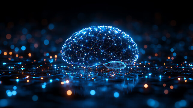 A futuristic digital representation of a brain illuminated by glowing connections, symbolizing advanced technology and intelligence.