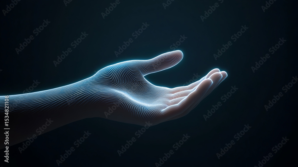 Poster a glowing digital hand reaching out in a dark space, symbolizing connection and innovation in techno