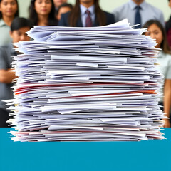 A large stack of papers sits in front of a group of people, symbolizing the overwhelming workload and paperwork that can come with a job.