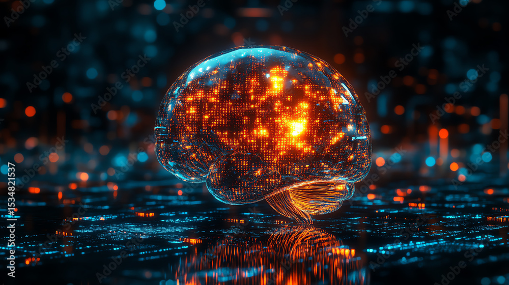 Aufkleber A mesmerizing digital representation of a glowing brain surrounded by a network of lights, showcasing the fusion of technology and intellect.