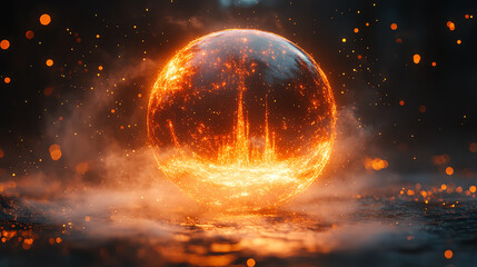 Fototapeta premium A mesmerizing glowing orb surrounded by fiery particles, creating an ethereal atmosphere of heat and energy.