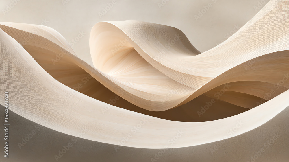 Poster a minimalist design featuring soft, flowing waves of light beige tones, creating a serene and tranqu