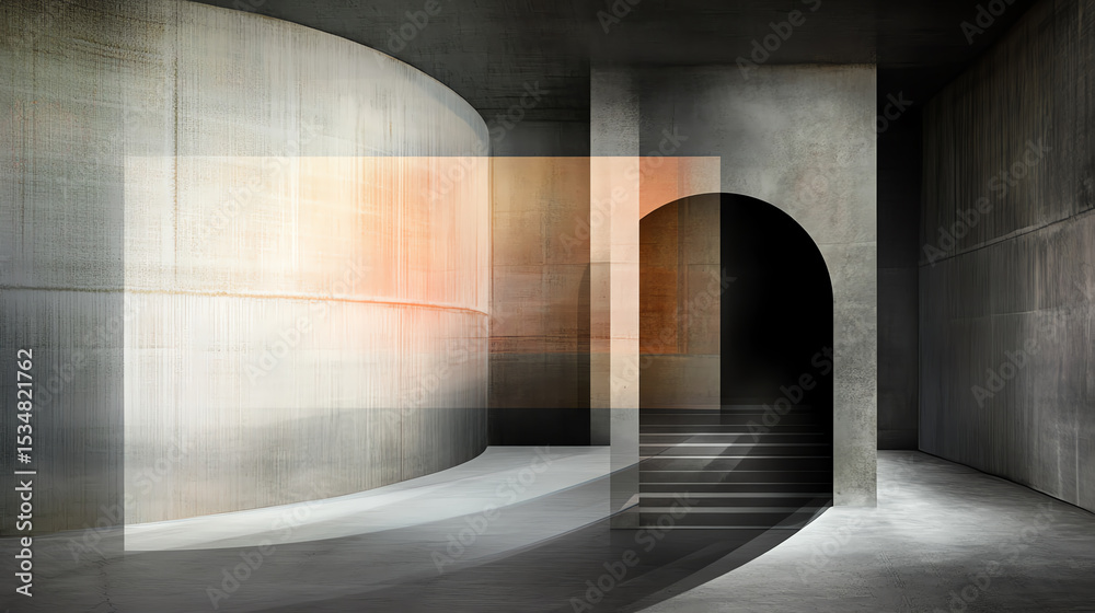 Aufkleber a modern, abstract architectural space with textured surfaces, curved walls, and gradient light crea