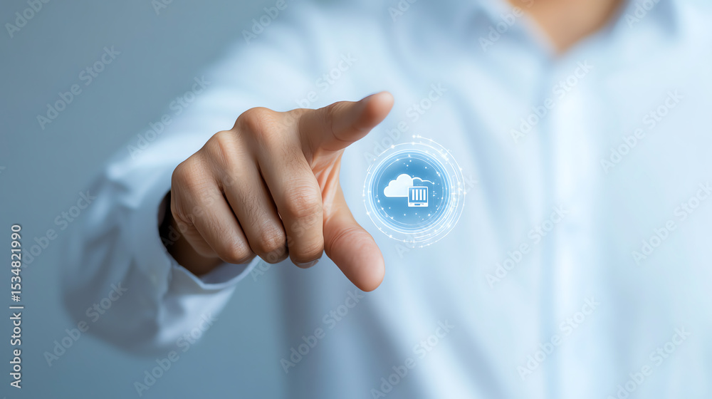 Poster a person interacts with a digital cloud interface, showcasing modern technology and innovation in th