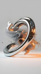 Shiny chrome ring with liquid metal and orange light reflections