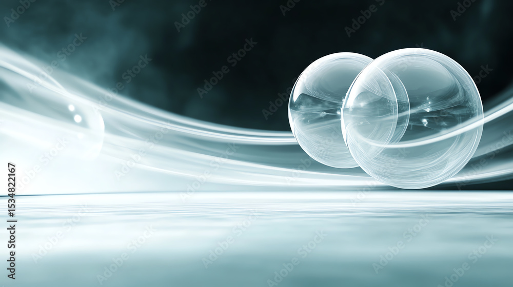 Poster a serene composition featuring translucent bubbles amidst soft lighting and flowing wisps, evoking a