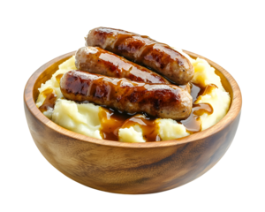 Bangers and mash with grilled sausages on creamy mashed potatoes and rich brown gravy in wooden bowl isolated on transparent background