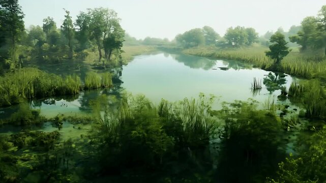 Stunning 3D cinemagraph animation prehistoric forest lake ecosystem showcasing lush greenery wildlife diversity water reflections dynamic game style background