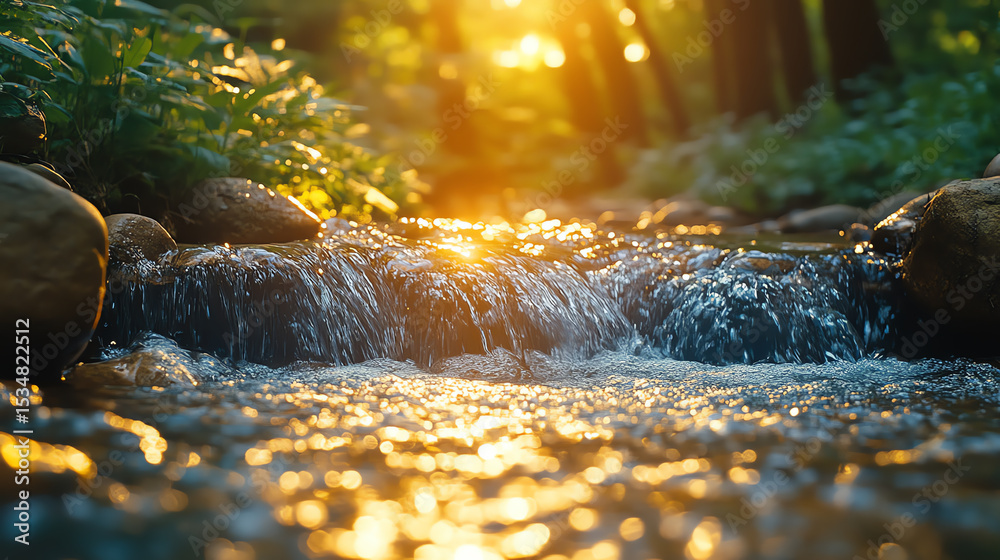 Poster A serene river flowing through a lush forest, illuminated by the golden sunlight filtering through the trees, creating a tranquil atmosphere.