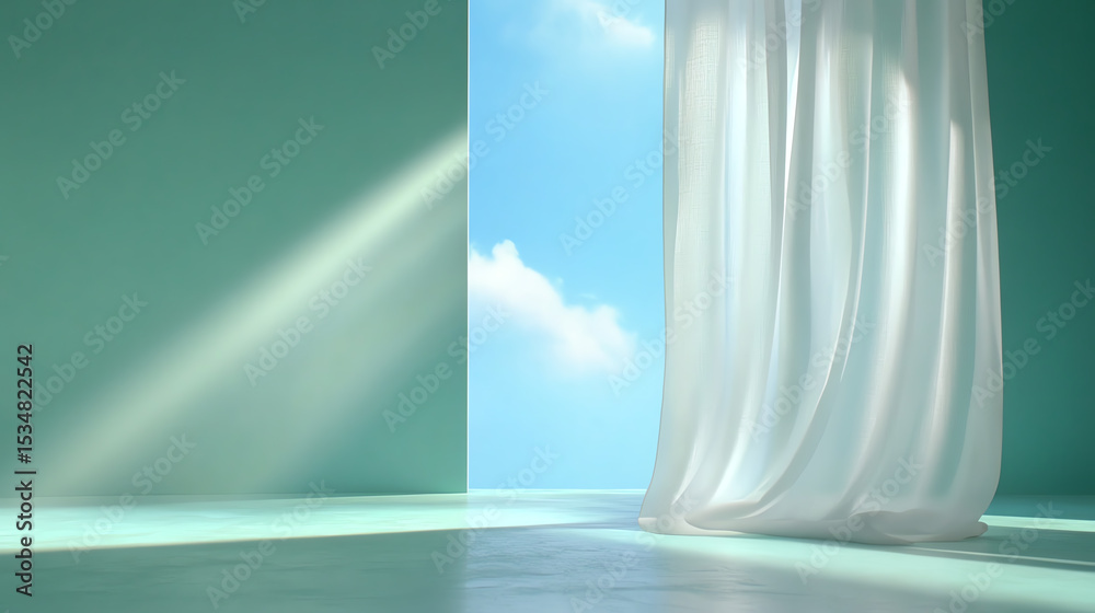 Poster A serene scene with soft curtains gently moved by a breeze, revealing a bright sky and creating a tranquil atmosphere.