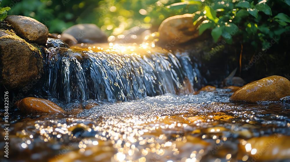 Poster a serene stream flows gently over smooth stones, reflecting sunlight and surrounded by lush greenery