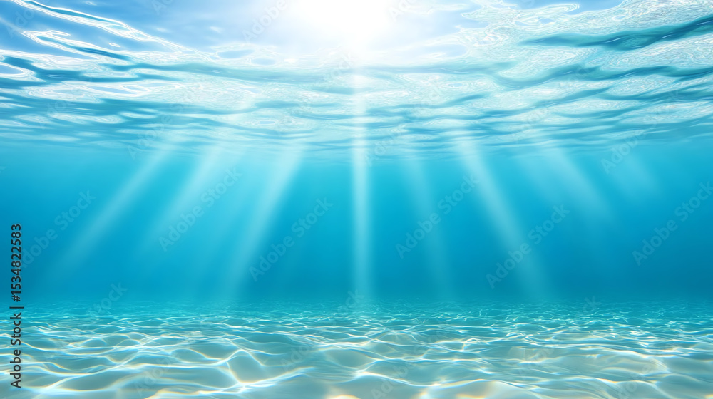 Poster A serene underwater scene showcasing sunlight filtering through clear blue ocean water, creating mesmerizing patterns on the seabed.