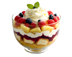 Traditional English trifle dessert with custard cream jelly sponge cake and mixed berries in glass bowl isolated on transparent background