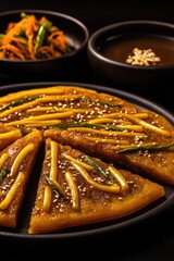 Golden savory pancake with sauce and vegetables