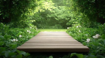 A serene wooden pathway leads through a lush green forest, surrounded by vibrant plants and delicate flowers, inviting exploration.