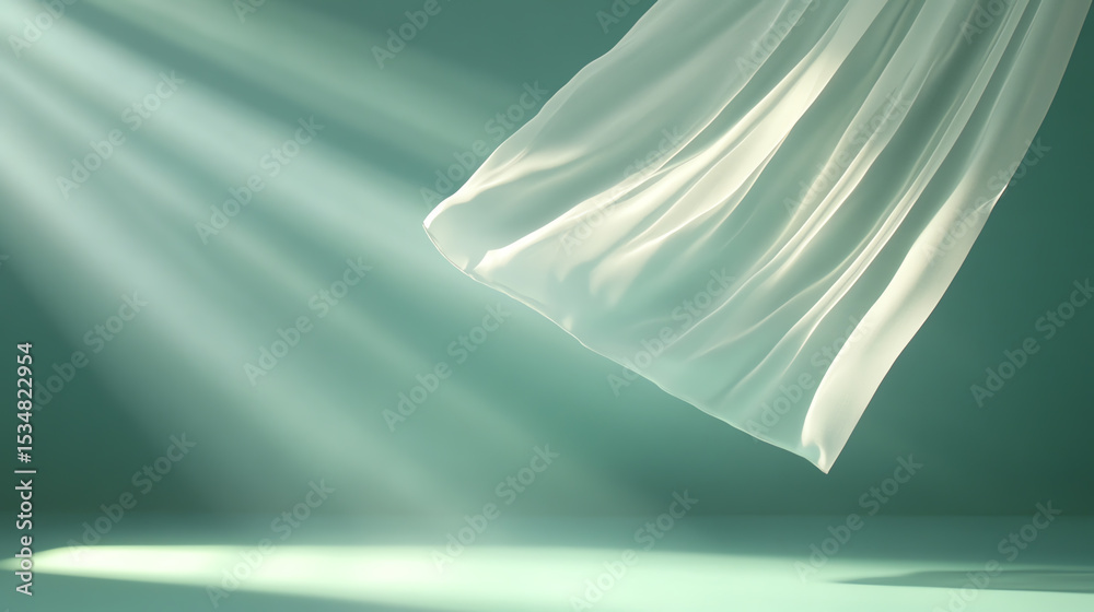 Poster A soft, flowing fabric drapes elegantly in gentle light, creating a serene and tranquil atmosphere in a minimalist space.
