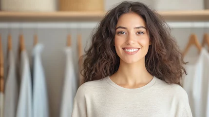Gordijnen A smiling young woman with curly hair stands confidently in front of a wardrobe, portraying happiness and style. © venusvi