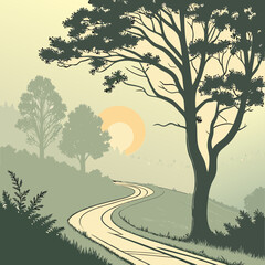 Obraz premium Country Road Sunrise with Foggy Forest
