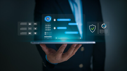 A businessman holds a tablet displaying a virtual AI chatbot interface with secure login icons, data protection symbols, futuristic technology for cybersecurity, digital identity, and smart automation