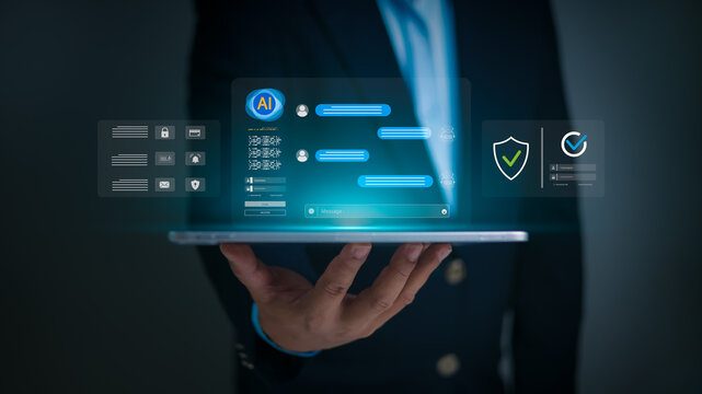A businessman holds a tablet displaying a virtual AI chatbot interface with secure login icons, data protection symbols, futuristic technology for cybersecurity, digital identity, and smart automation
