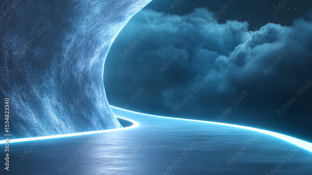 Poster A surreal scene featuring a glowing pathway surrounded by clouds, evoking a sense of wonder and exploration in a cosmic environment.