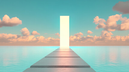 A surreal pathway leads to a glowing door on tranquil waters under a vibrant sky, symbolizing opportunity and hope.