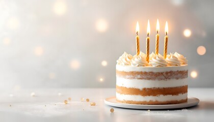 Birthday cake with four candles isolated on white background