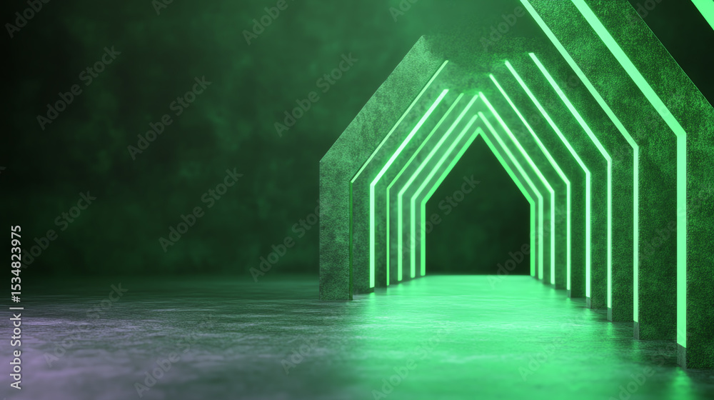 Poster a visually striking green neon archway in a dark environment, perfect for futuristic or abstract the