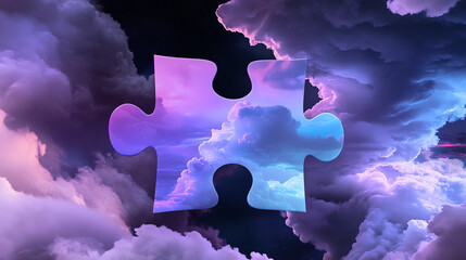 A vibrant puzzle piece floats amidst colorful clouds, symbolizing unity and connection in a dreamlike atmosphere.