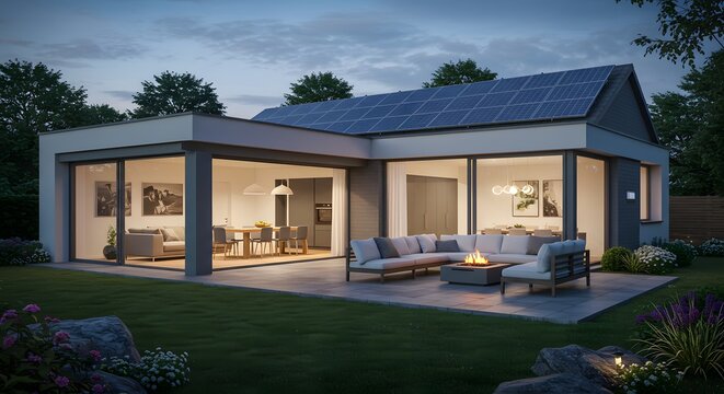 A contemporary smart home powered by solar panels, with an open-plan layout and luxury outdoor lounge 1