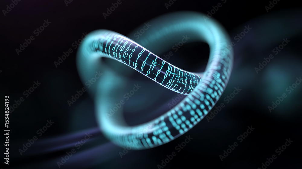 Poster abstract digital design featuring a glowing twisted shape, illustrating futuristic technology and in