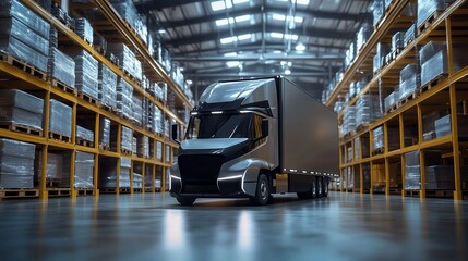 Futuristic Electric Truck in Warehouse Ready for Delivery Operations