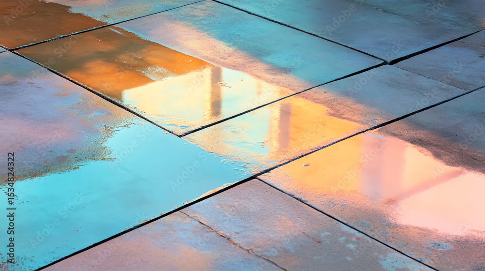 Poster Abstract reflection on tiled surface showcasing vibrant colors and intricate patterns created by light and water.