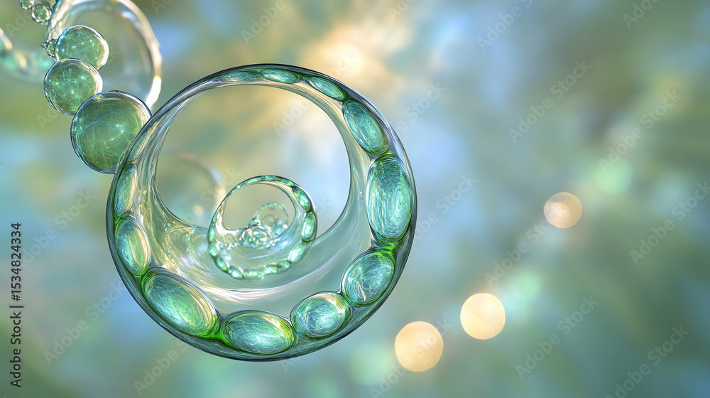 Poster Abstract representation of a spiral structure showcasing intricate patterns and light reflections in shades of green and blue.