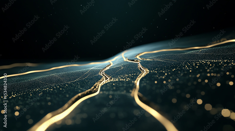 Poster abstract representation of digital connectivity with flowing golden lines and particles against a da
