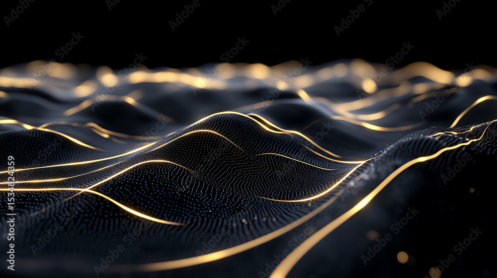 Poster abstract representation of digital waves with golden lines on a dark background, symbolizing innovat