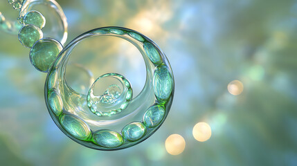 Fototapeta premium Abstract representation of a spiral structure showcasing intricate patterns and light reflections in shades of green and blue.
