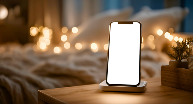 A smart mobile device with a white or transparent screen. Dim lighting and a comfortable environment. - Powered by Adobe